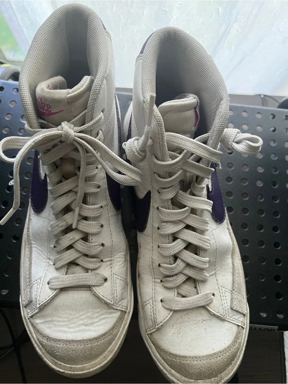 Nike Women's White High-Top Sneakers with Purple Swoosh and Pink Nike Script